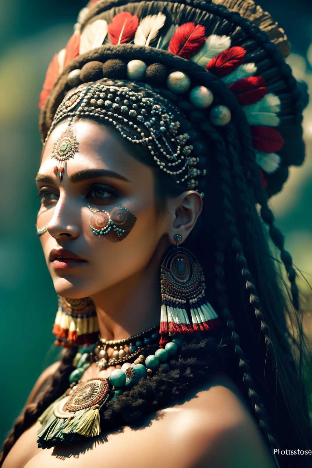 (full portrait), solo, detailed background, detailed face, (stonepunkAI, stone theme:1.1), wise, (female), (native american), (beautiful hair, braids:0.2), shaman, septum piercing, mystical, (gorgeous face), stunning, head tilted upwards, (looking at viewer, serene expression), calm, meditating, Seafoam Green frayed clothes, prayer beads, tribal jewelry, feathers in hair, headdress:0.33, jade, obsidian, detailed clothing, deep cleavage, realistic skin texture, (floating particles, water swirling, embers, ritual, whirlwind, wind:1.2), sharp focus, volumetric lighting, good highlights, good shading, subsurface scattering, intricate, highly detailed, ((cinematic)), dramatic, (highest quality, award winning, masterpiece:1.5), (photorealistic:1.5), (intricate symmetrical warpaint:0.5),