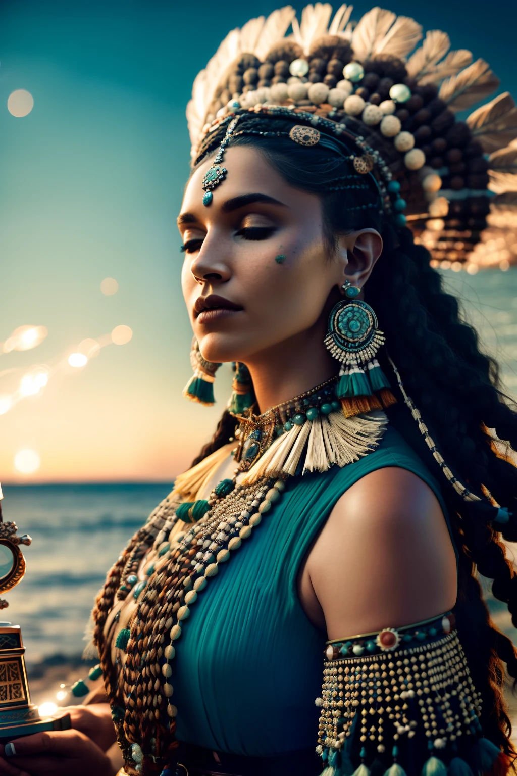 (full portrait), (half shot), solo, detailed background, detailed face, (stonepunkAI, stone theme:1.1), wise, (female), (native american), (beautiful hair, braids:0.2), shaman, septum piercing, mystical, (gorgeous face), stunning, head tilted towards sky, arms raised towards sky, (eyes closed, serene expression), calm, meditating, Seafoam Green frayed clothes, prayer beads, tribal jewelry, feathers in hair, headdress:0.33, jade, obsidian, detailed clothing, deep cleavage, realistic skin texture, (floating particles, water swirling, embers, ritual, whirlwind, wind:1.2), sharp focus, volumetric lighting, good highlights, good shading, subsurface scattering, intricate, highly detailed, ((cinematic)), dramatic, (highest quality, award winning, masterpiece:1.5), (photorealistic:1.5), (intricate symmetrical warpaint:0.5),