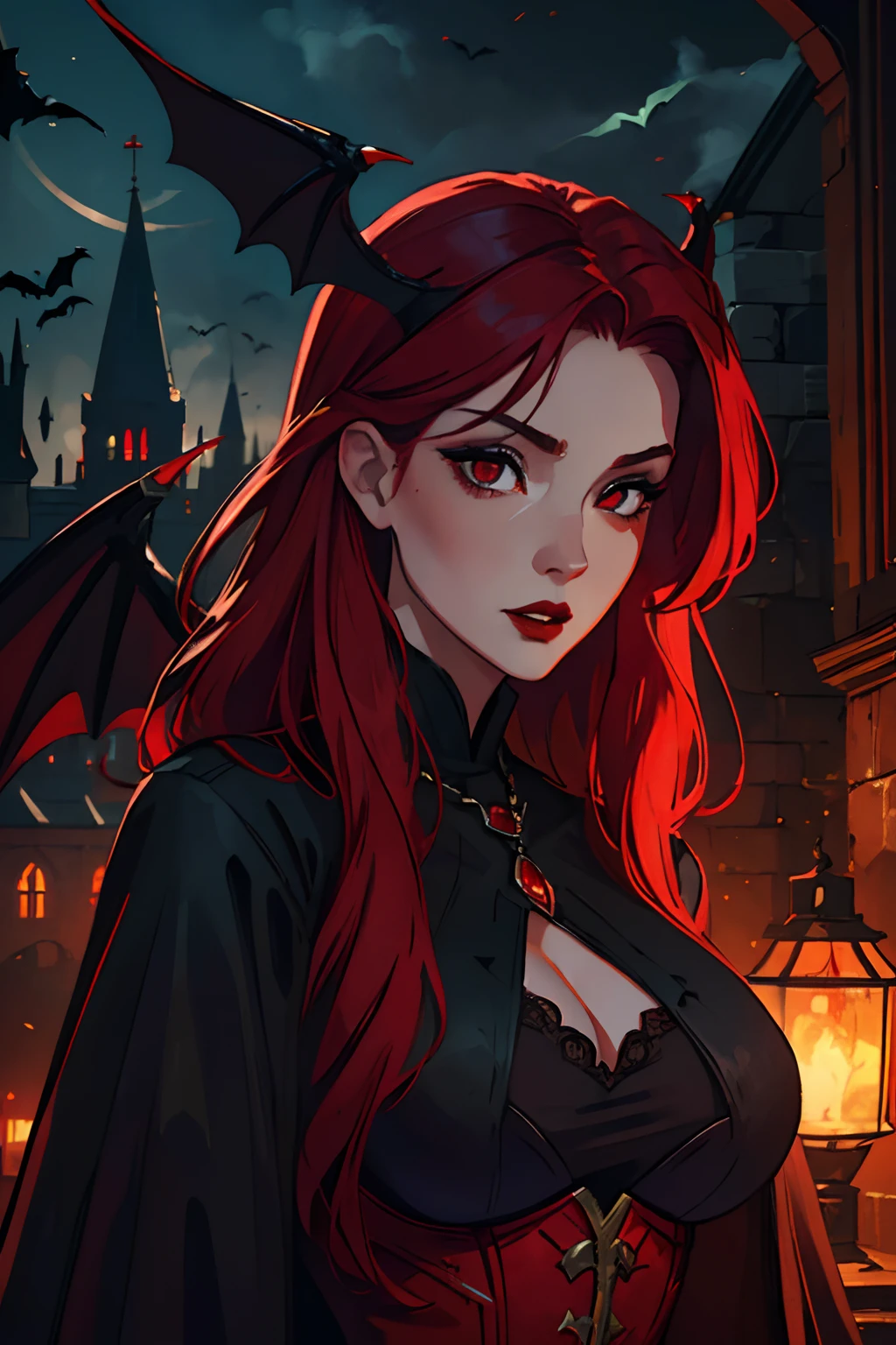 (best quality, highres, realistic:1.2), beautiful detailed red hair, attractive and detailed eyes, detailed red lips, alluring vampire woman, elegant and medieval clothes, revealing outfit, impressive bat wings, cityscape at night, spooky atmosphere, large breasts