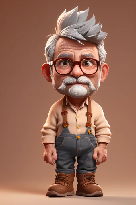 3dcharacter,(1man, wrinkled face, old  male:1.2),   __eyecolor__ eyes, dark grey__hair-male__, whiskers on face, unshaven, glasses, (full body:1.2),plaid shirt, overalls, brown work boots, simple background, masterpiece,best quality,(light Red gradient bac...