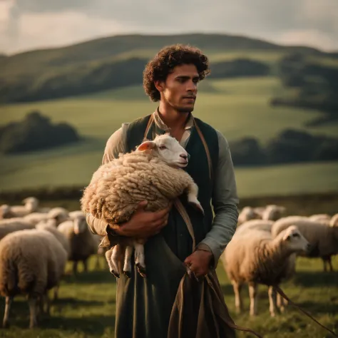 crie uma imagem que retrate davi, um jovem pastor em um ambiente pastoral, Surrounded by sheep and holding a sling in his hands, a imagem deve capturar a simplicidade e a serenidade da vida no campo