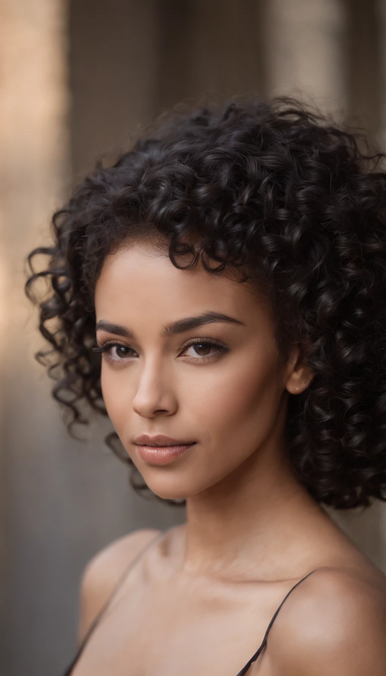 A close up of a woman with a black dress and curly hair - SeaArt AI