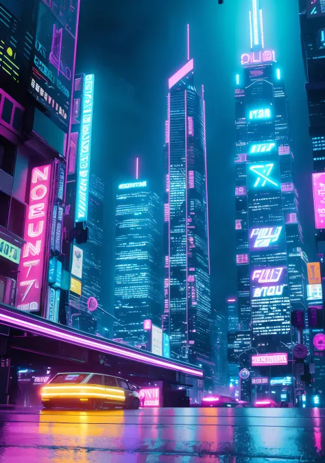 A bustling futuristic cityscape set in a neon-soaked cyberpunk metropolis, towering skyscrapers, holographic billboards, rain-soaked streets reflecting colorful lights, exuding an atmosphere of high-tech chaos and urban mystique, Artwork, digital painting ...
