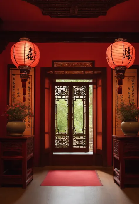 (antique interior design), Chinese home furnishings, round porch, depth, symmetrical design, ((antique carved door beams, carved beam paintings, tables and chairs, bonsai, vases, porcelain, trees, flowers, Chinese lamps, embroidery, screens, beds, cushions...