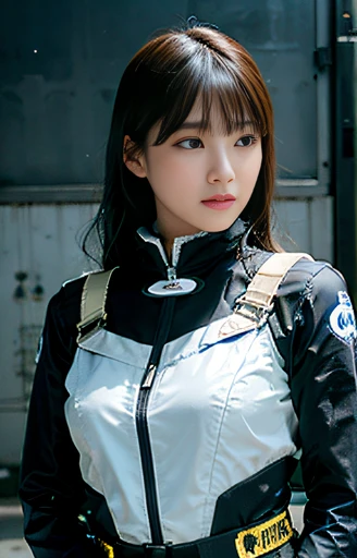Highest image quality, outstanding details, ultra-high resolution, (realism: 1.4), the best illustration, favor details, highly condensed 1girl, with a delicate and beautiful face, ((cowboy shot)), (wearing warm racing suit likes police uniform, black and gray mecha, military harness, holding a machinegun), background grey wall,