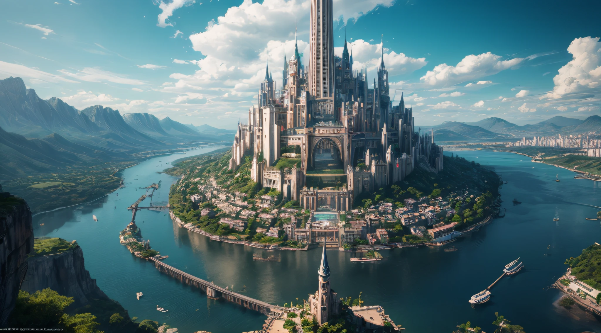 (best quality,4k,8k,highres,masterpiece:1.2),ultra-detailed,(realistic,photorealistic,photo-realistic:1.37),huge castles,skyscrapers floating in the sky,utopia,top quality fantasy,cyberpunk isekai,giants waterfall,mother nature,unimaginable,unbelievable,virtual reality,oasis of serenity,colorful neon lights,futuristic technology,vibrant cityscape,awe-inspiring architecture,unlimited possibilities,mesmerizing view,ethereal atmosphere,enchanting environment,majestic structures,thousands of feet high,sparkling clear water,breathtaking scenery,transcendent beauty,surreal landscape,architectural marvels,wonder of nature,harmony between man and nature,limitless imagination,urban paradise,dream-like setting,unrealistically magnificent,picture-perfect moments,serene tranquility,spellbinding aesthetic,awe-inducing skyline