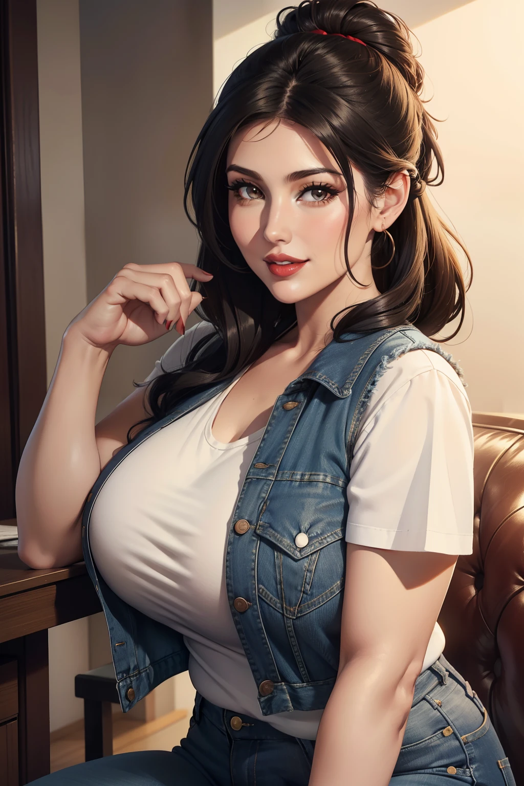 Lucy Pinder, portrait, face portrait, red lips, smiling, voluptuous, chubby woman, straight hair, black hair, hair tied in a chignon, cream t-shirt, jean vest, jeans.