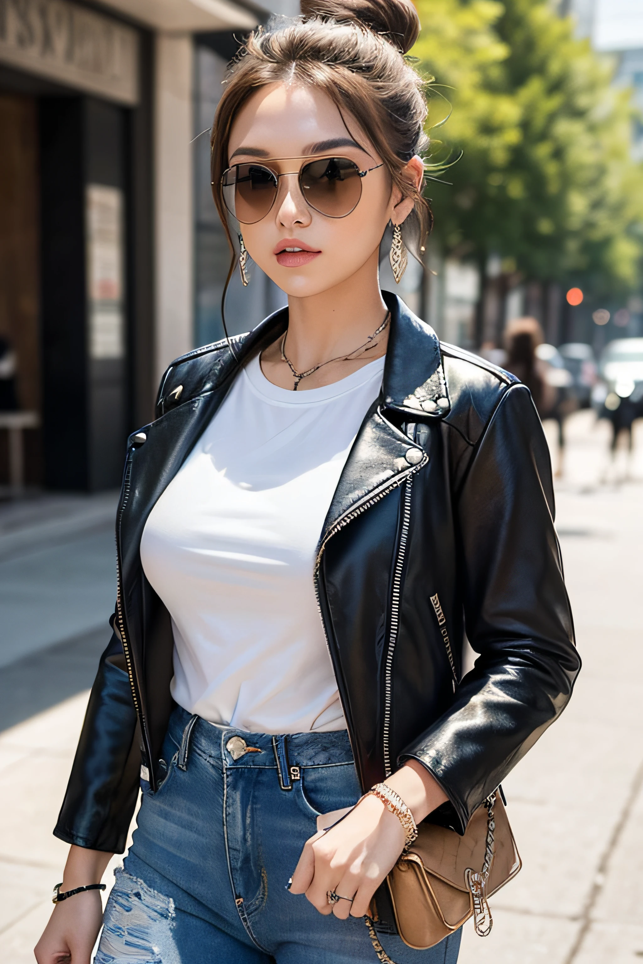 (masterpiece:1.2, best quality), 1lady, solo, upper body, big tits, Chic and edgy leather jacket paired with a classic white t-shirt and distressed jeans Confident and effortless with minimal makeup and a messy bun (Music festival or a trendy downtown neighborhood) Statement sunglasses and chunky jewelry, with a cross-body bag for convenience