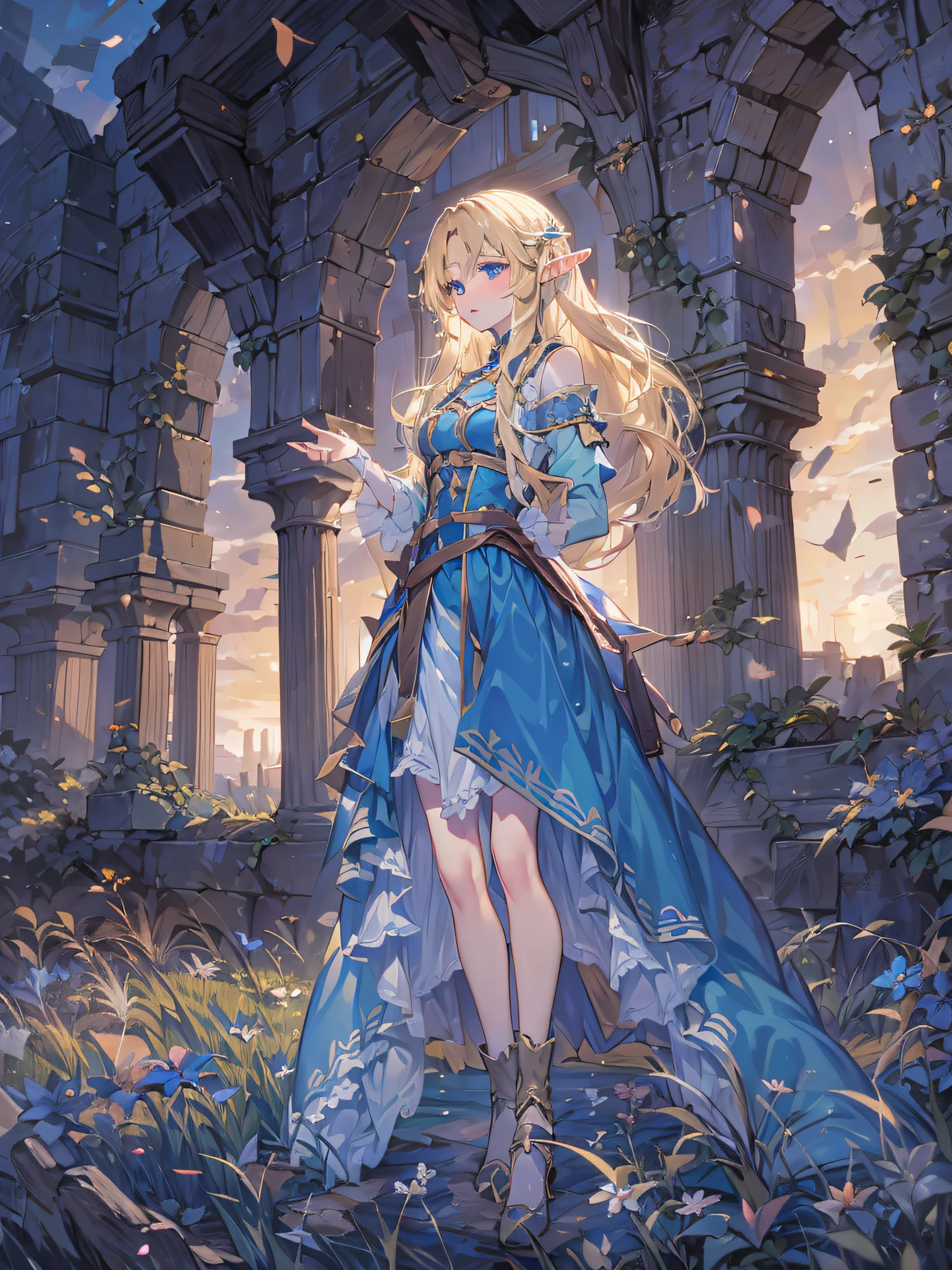 精靈女孩, 金髮長髮, 藍眼睛, 藍色洋裝, 有一個長弓, 在傍晚的暮色中, 一座古城堡的廢墟, 在草原上
