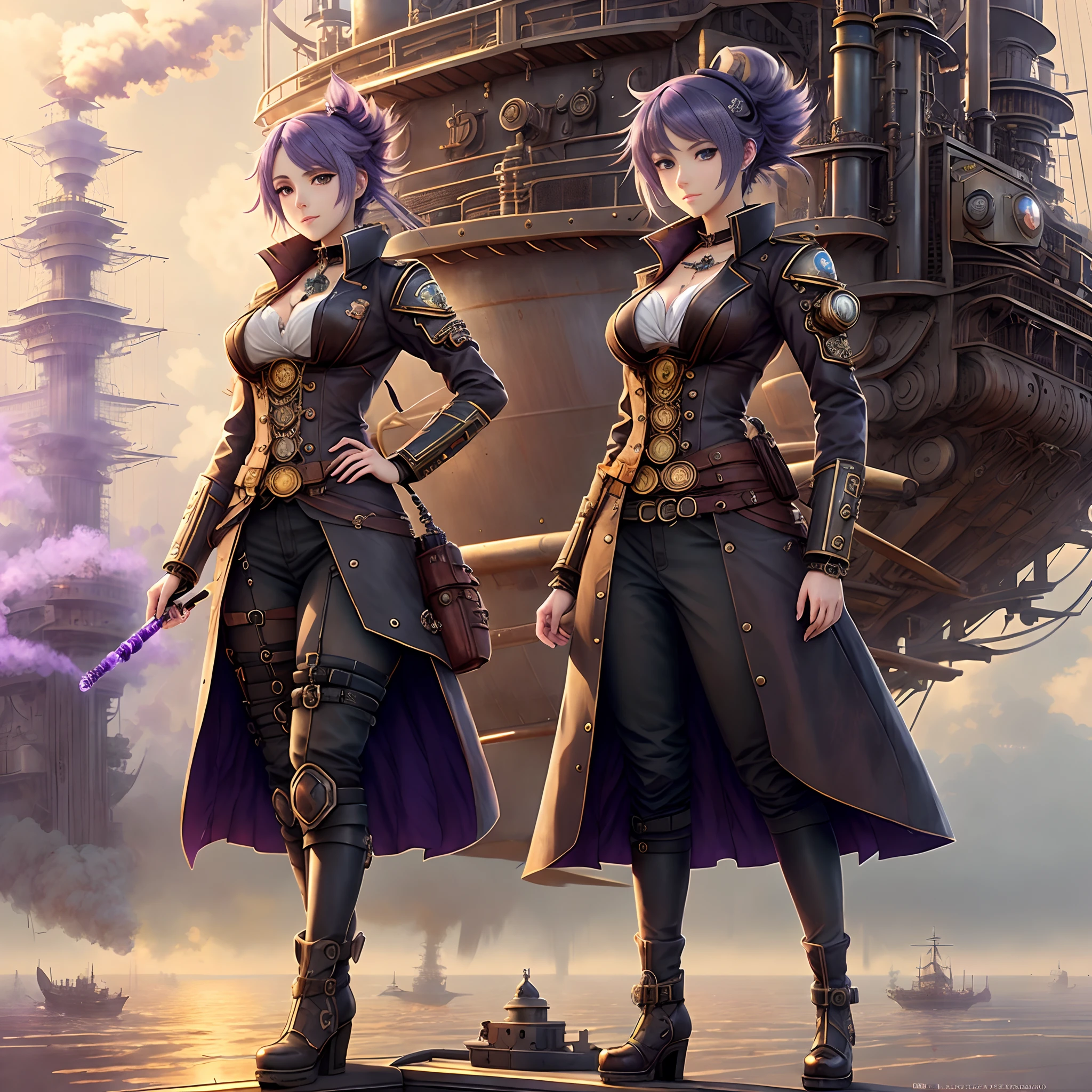 arafed woman with purple hair and steam - punk gear standing on a ship, 2. 5 d cgi anime fantasy artwork, beautiful alluring anime woman, detailed digital anime art, anime fantasy artwork, seductive anime girl, artwork in the style of guweiz, girl with warship parts, steampunk beautiful anime woman, artgerm. anime illustration