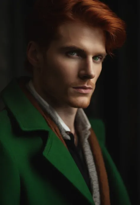 A close up of a man with red hair wearing a green coat - SeaArt AI