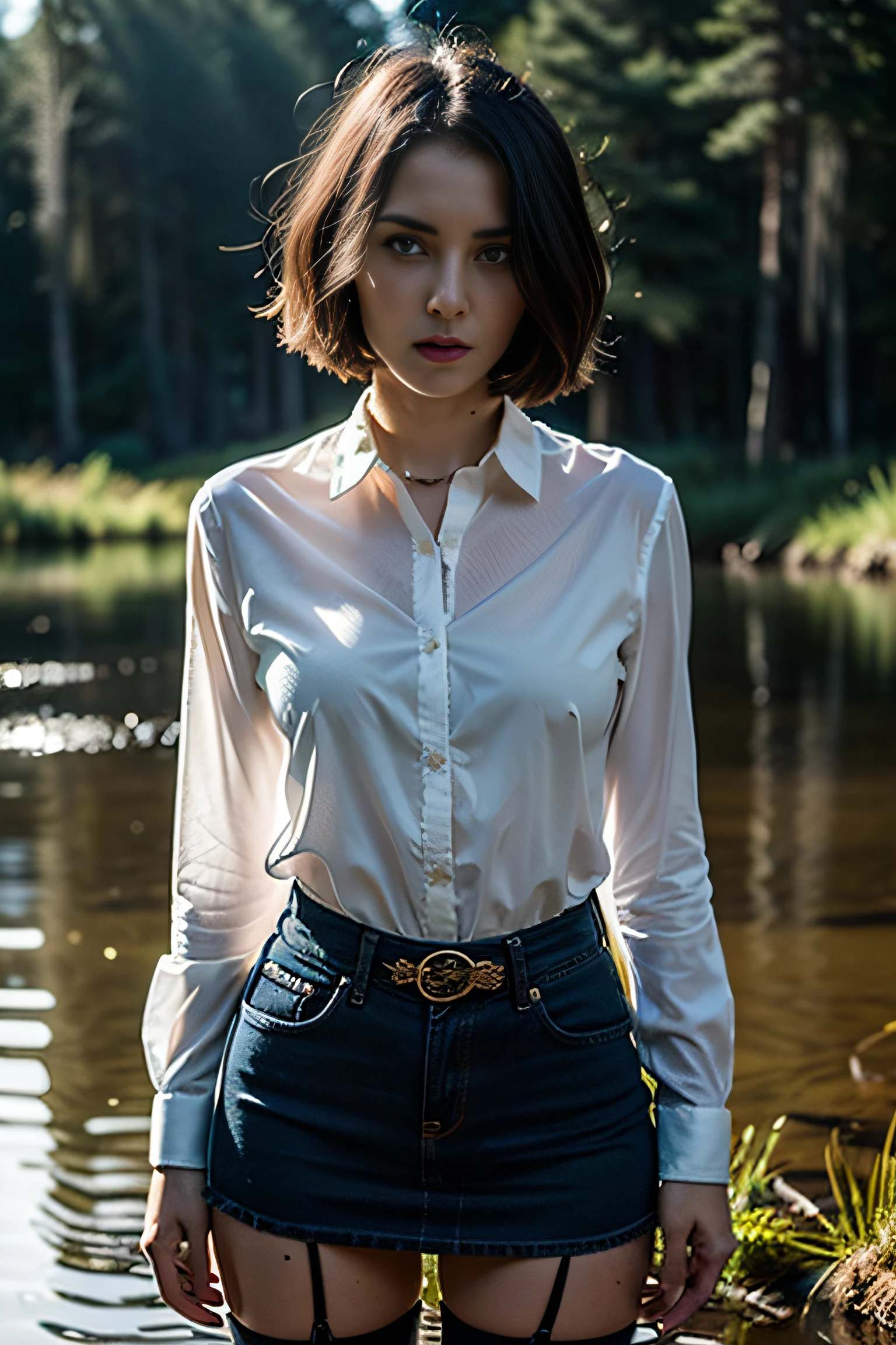 "(Best Quality,hight resolution:1.2),The woman,Expressive wrinkles,Bob haircut,jeans skirt,blouse,dark lace stockings with garters, ( drowning in a swamp:1.2),Detailed eyes and face,long eyelashes,expression of despair,Dark and moody lighting,ominous vibe"