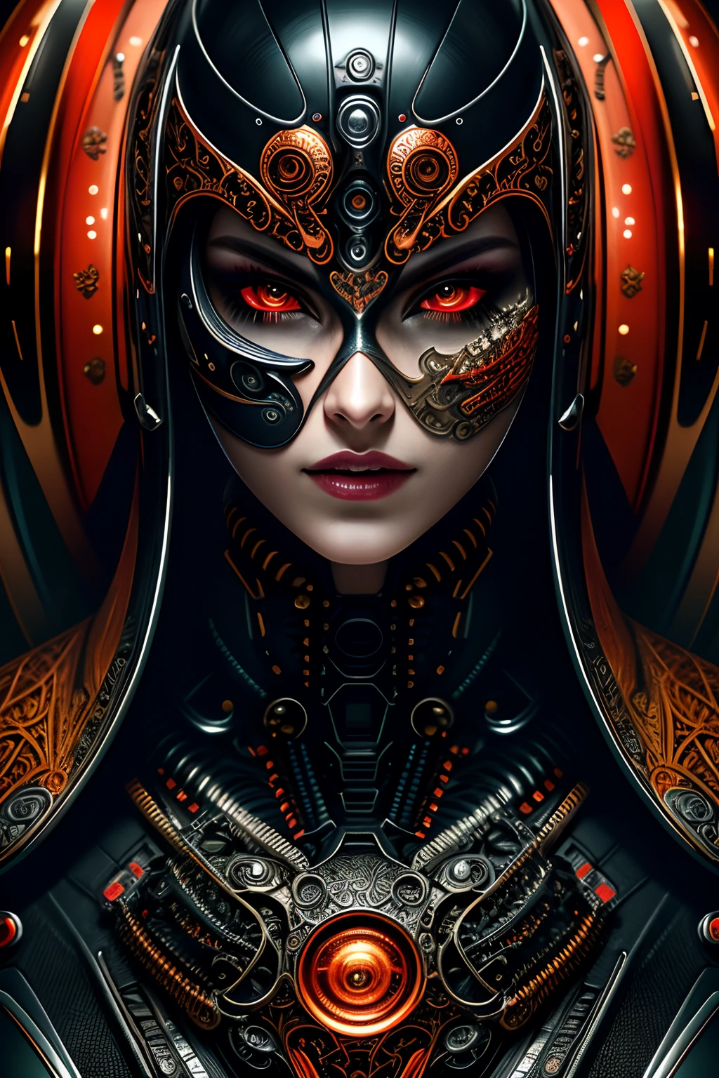 a close up symmetrical portrait of a cyberpunk gangster, biomechanical, mshn robot, splashes of orange red, hyper realistic, intricate design, (insanely detailed:1.4), (extremely fine details:1.35), Extremely sharp lines, steel, cinematic lighting, Photorealistic, a detailed painting by Ayami Kojima and Lilia Alvarado, (best quality, high quality, absurdres, intricate detail, masterpiece, cinematic), highly detailed, motion blur, film grain, noise, lens effects,