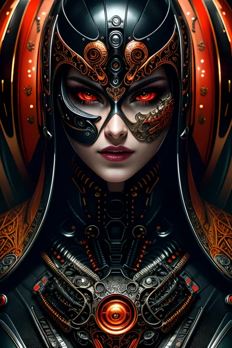 a close up symmetrical portrait of a cyberpunk gangster, biomechanical, mshn robot, splashes of orange red, hyper realistic, int...