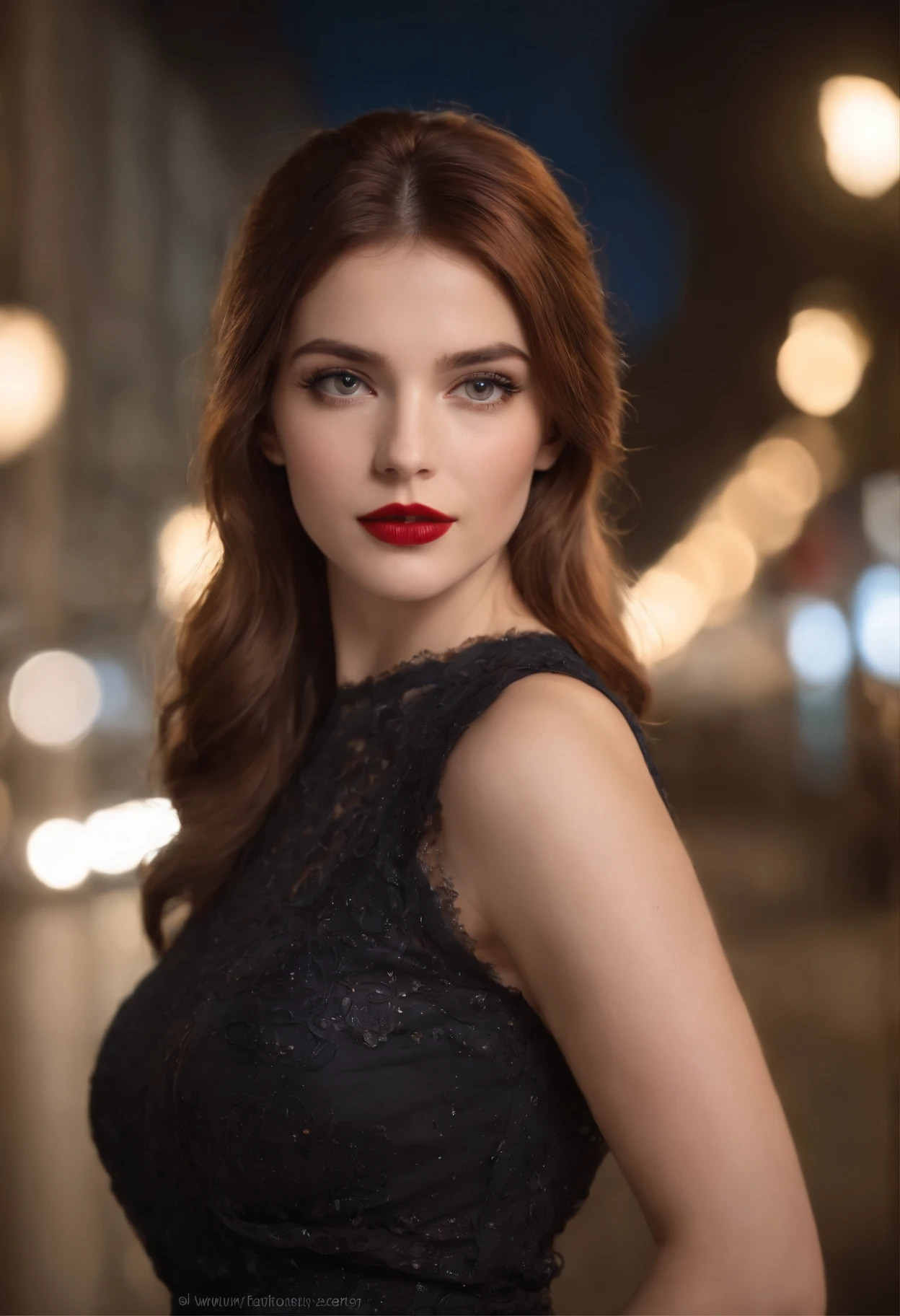 A woman with red lipstick posing for a photo in a black dress - SeaArt AI