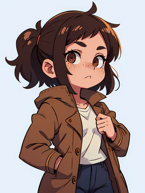 1 girl, in a brown coat, black oversized jeans, with brown short hair,  the eyes are brown, freckles on her face, white backgrou...