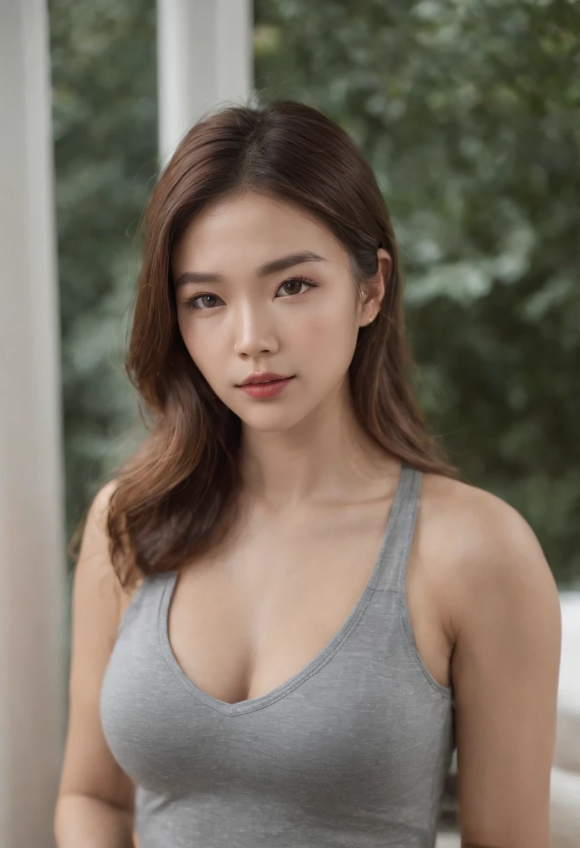 A woman in a gray top posing for a picture - SeaArt AI