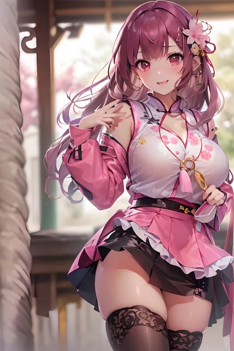 16ｋ,Raw photography,top-quality,hight resolution,Ray tracing,PBR Texture,Post-processing,),(((Pink leather china skirt , Cute Japan Anime Girl,魔法少女まどか☆マギカ,Kyoko Sakura,long wavy hair of maroon color,,Big breasts that emphasize cleavage,bare hand,Thin leg,)...