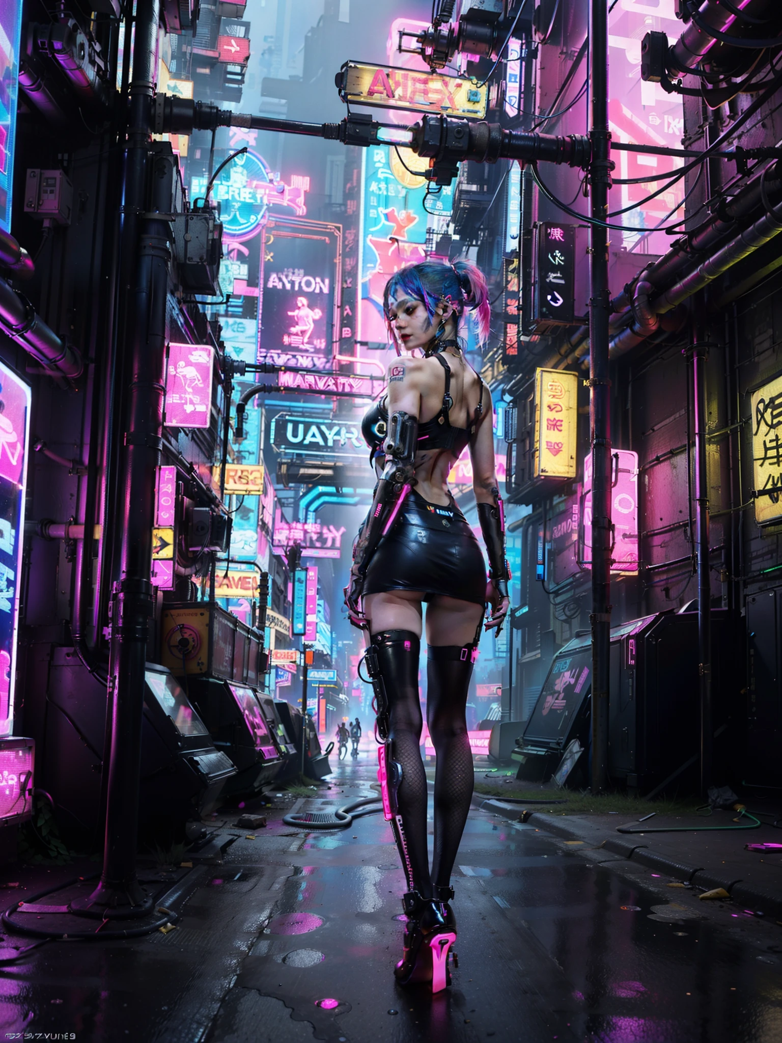 (masterpiece, top quality, best quality, official art, beautiful and aesthetic:1.2),(1 Sofia Boutella cyberpunk girl:1.4),full body,([pink|blue] hair:1.5),extreme detailed,(fractal art:1.3),(colorful:1.5),highest detailed,(Mechanical modification:1.3),(modification:1.2),Maiden,(complex mechanical conduit is inserted into the back:1.5),(neon background:1.4),(neon city:1.75),night,large breasts,(gothic_lolita:1.2),high heels,(:0.75),makeup,blush,(cyberpunk:1.4),((looking at viewer:1.3)),((looking back))