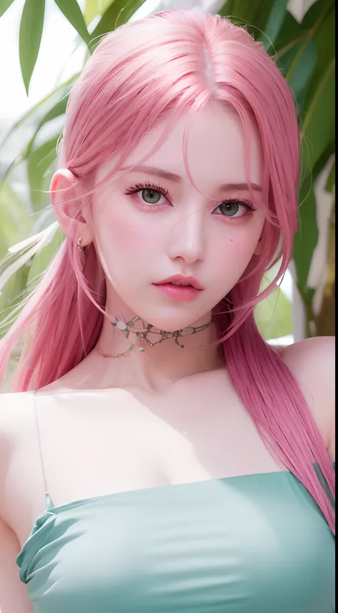 best quality, ultra high res, (photorealistic:1.4), (detailed beautiful girl:1.4), (medium breasts:0.8), looking_at_viewer, Detailed facial details, beautiful detailed eyes,pink hair, green eyes, slender, haunting smile, (makeup:0.3), red lips, highly deta...