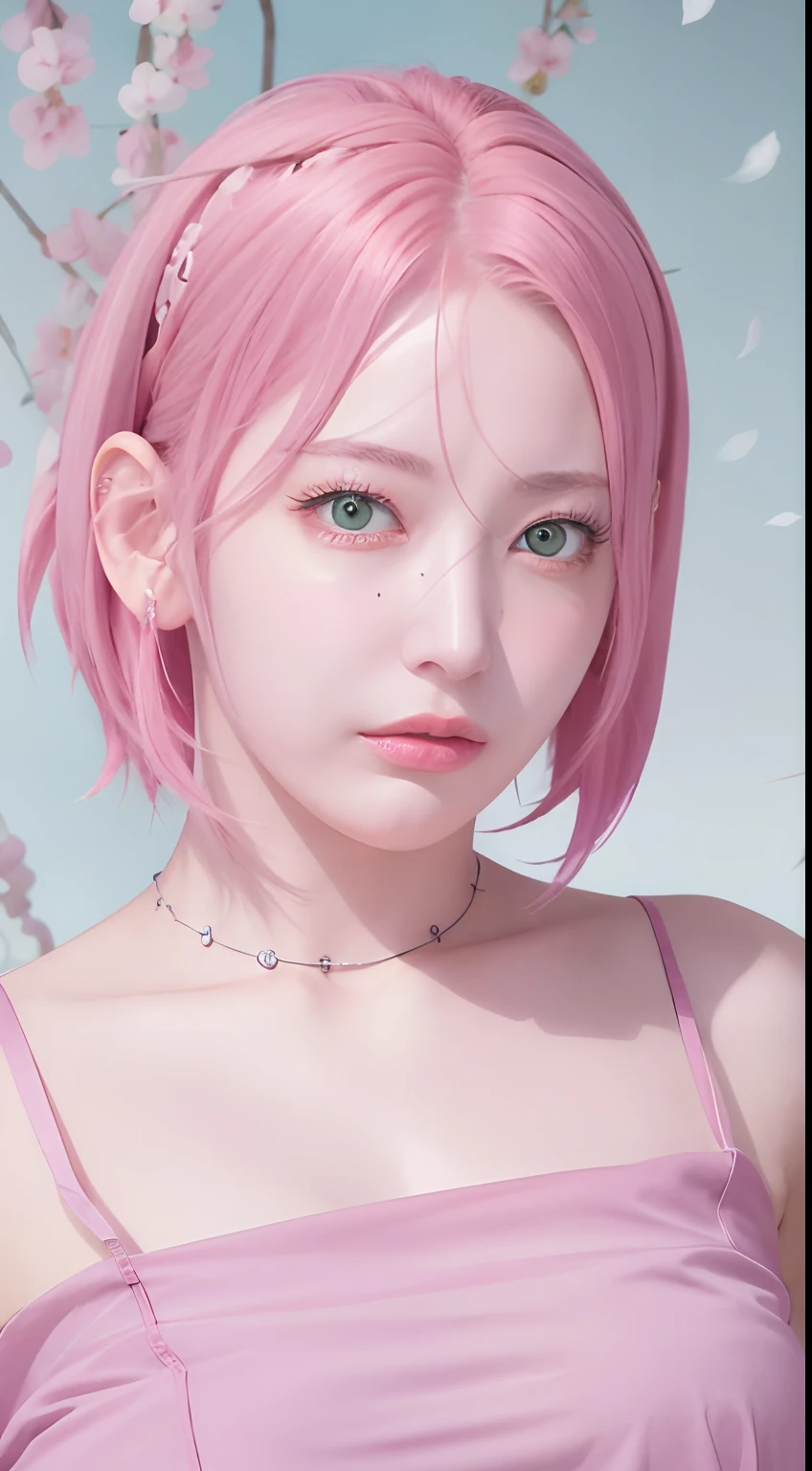 Sakura haruno, best quality, ultra high res, (photorealistic:1.4), (detailed beautiful girl:1.4), (medium breasts:0.8), looking_at_viewer, Detailed facial details, beautiful detailed eyes,pink hair, green eyes, slender, haunting smile, (makeup:0.3), red lips, highly detailed clothes, (ulzzang-6500-v1.1:0.3)