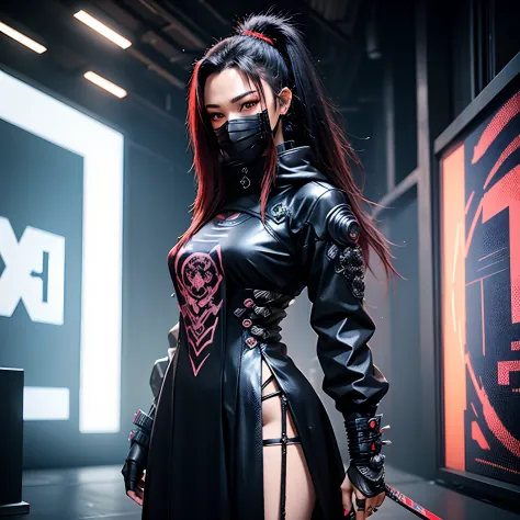 a woman in a black outfit holding two swords and a mask, goth ninja, samurai cyberpunk muito bonito, assassina feminina, por yan...