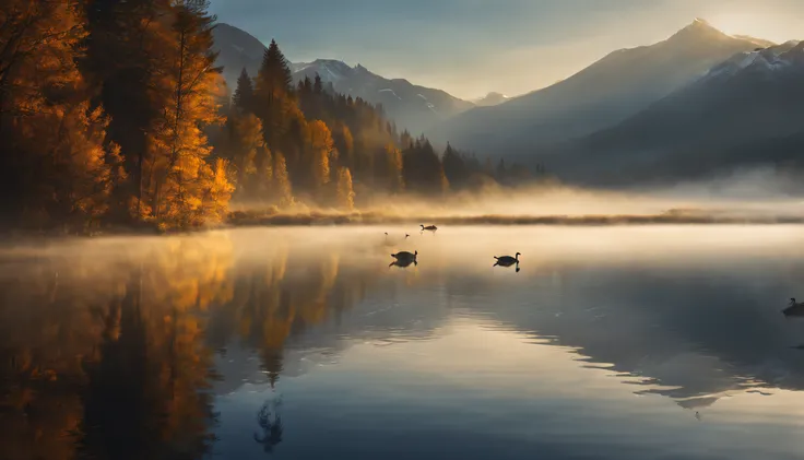 (best quality,4k,highres,masterpiece:1.2),ultra-detailed,realistic,beautiful landscape photography,mountain,lake,geese,heavy fog...