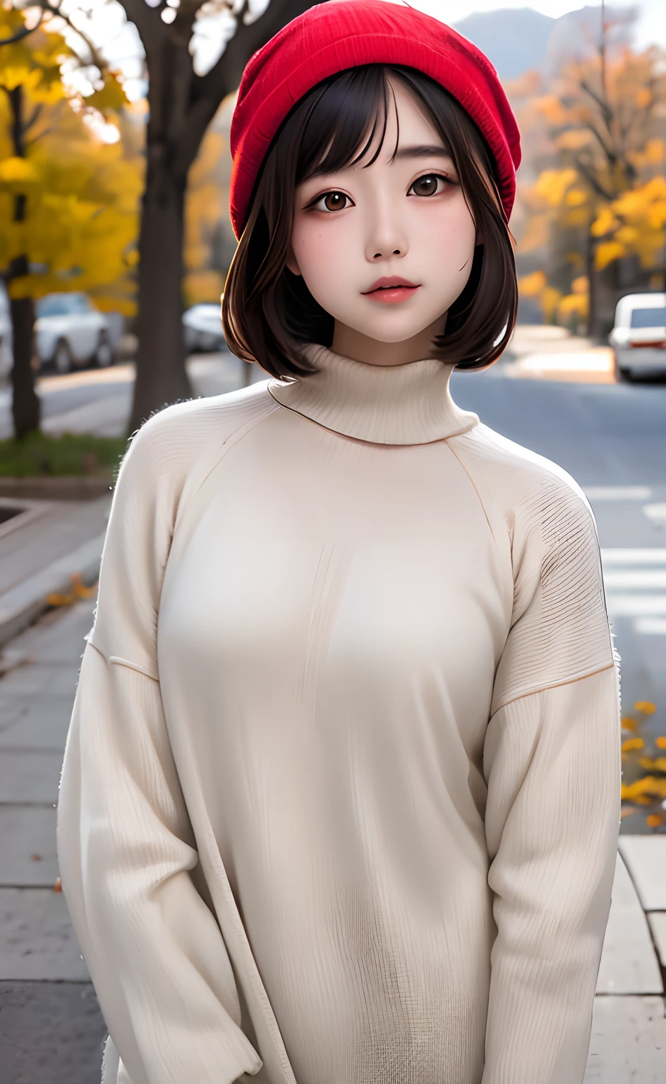 masutepiece:1.2, High quality, Best Quality, High resolution, Hyper realistic, girl with, a short bob，hair messy, Light gray eyes,Infinitely clear eyes，sixteen years old，High neck inner，Red knitted hat，muffler，Standing，Head tilt, Sunset, plein air，Autumn Park:1.5，blurry backround, Portrait,Natural look, (Detailed face), ((foco nítido)), ((Face)), The upper part of the body_Body