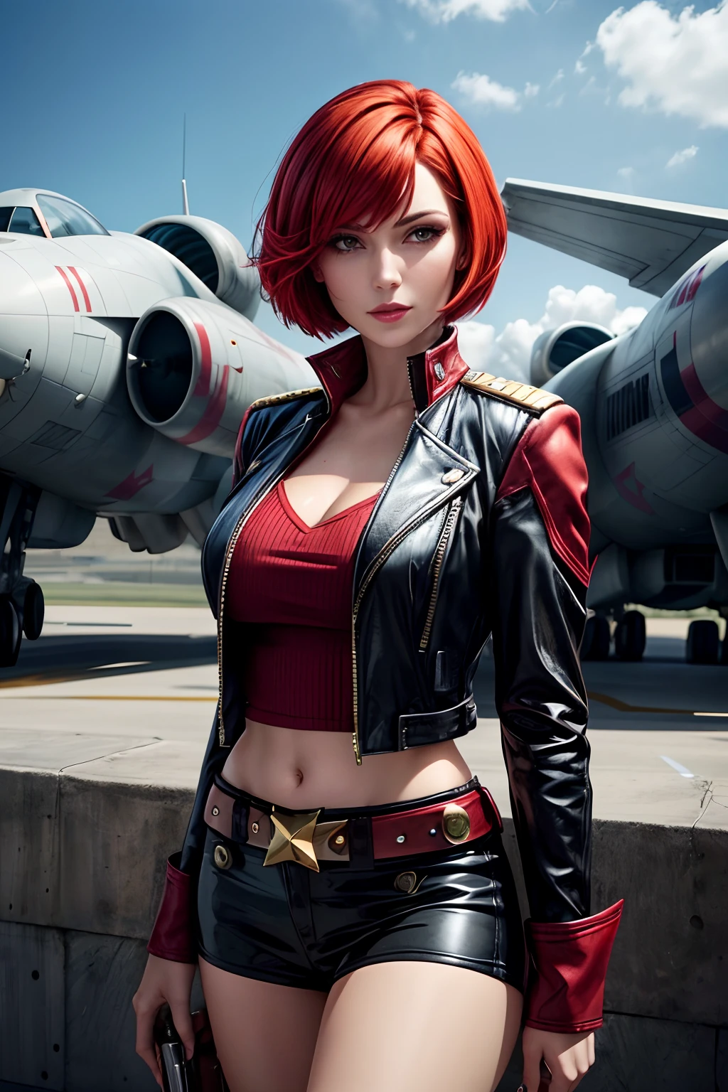 red bob cut, beautiful woman, starship captain, short jacket, cowboy shot, flirty, military bearing, standing, pirate