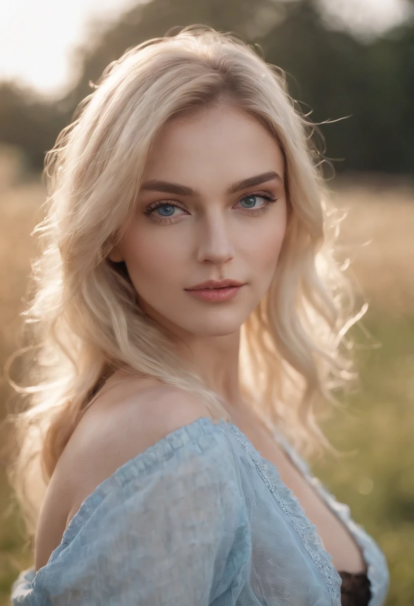 A woman with blonde hair and blue eyes posing in a field - SeaArt AI