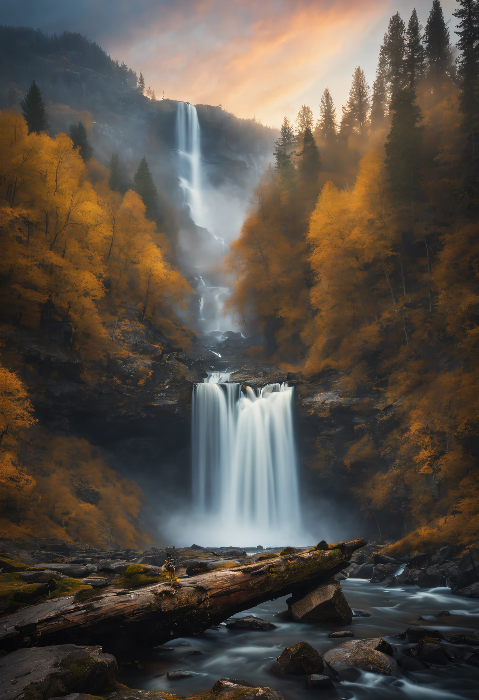 (best quality,4k, highly detailed:1.2), realistic image, landscape photography, waterfall, drone shots, RAW, log file, colors, sunsets, fog and mist, ultra-fine details, studio lighting