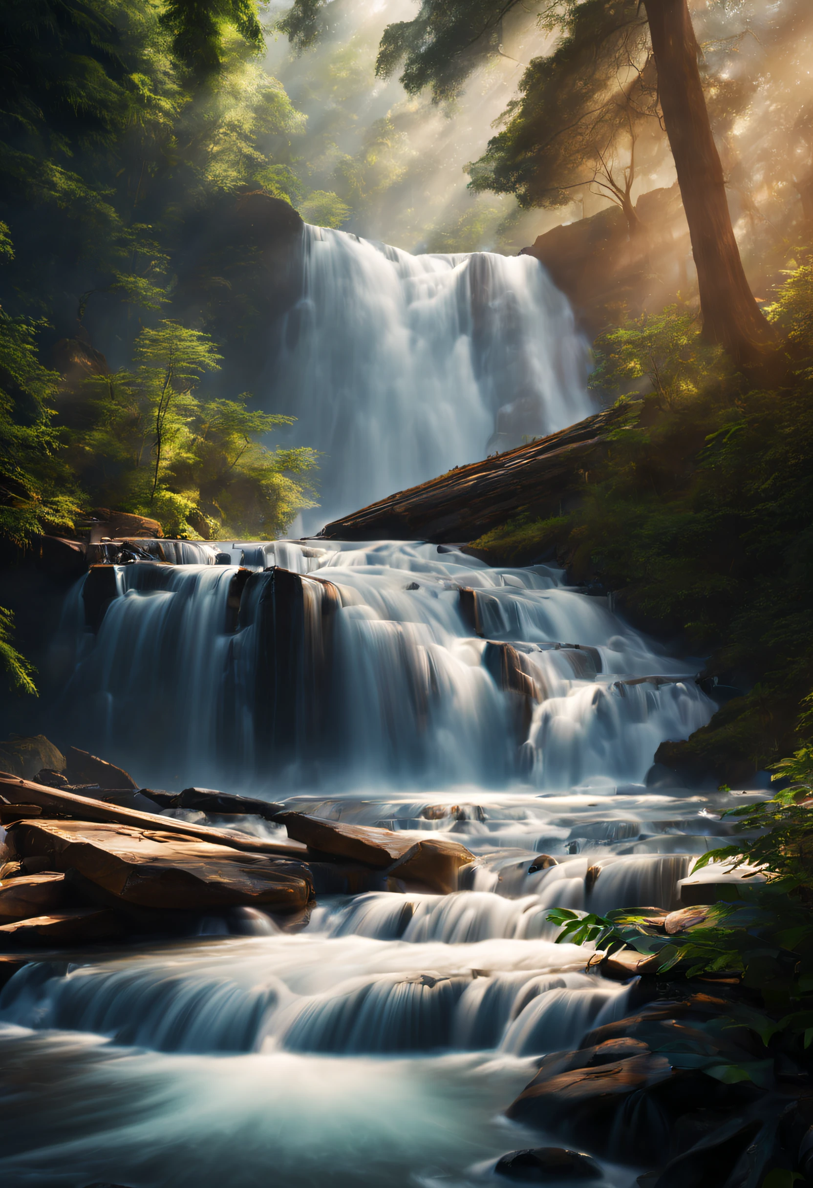 Una hermosa fotografía de cascada dentro del bosque, muy detallado, imagen realista, cinematográfico, fotografía de paisaje, iluminación natural, Exposición prolongada.