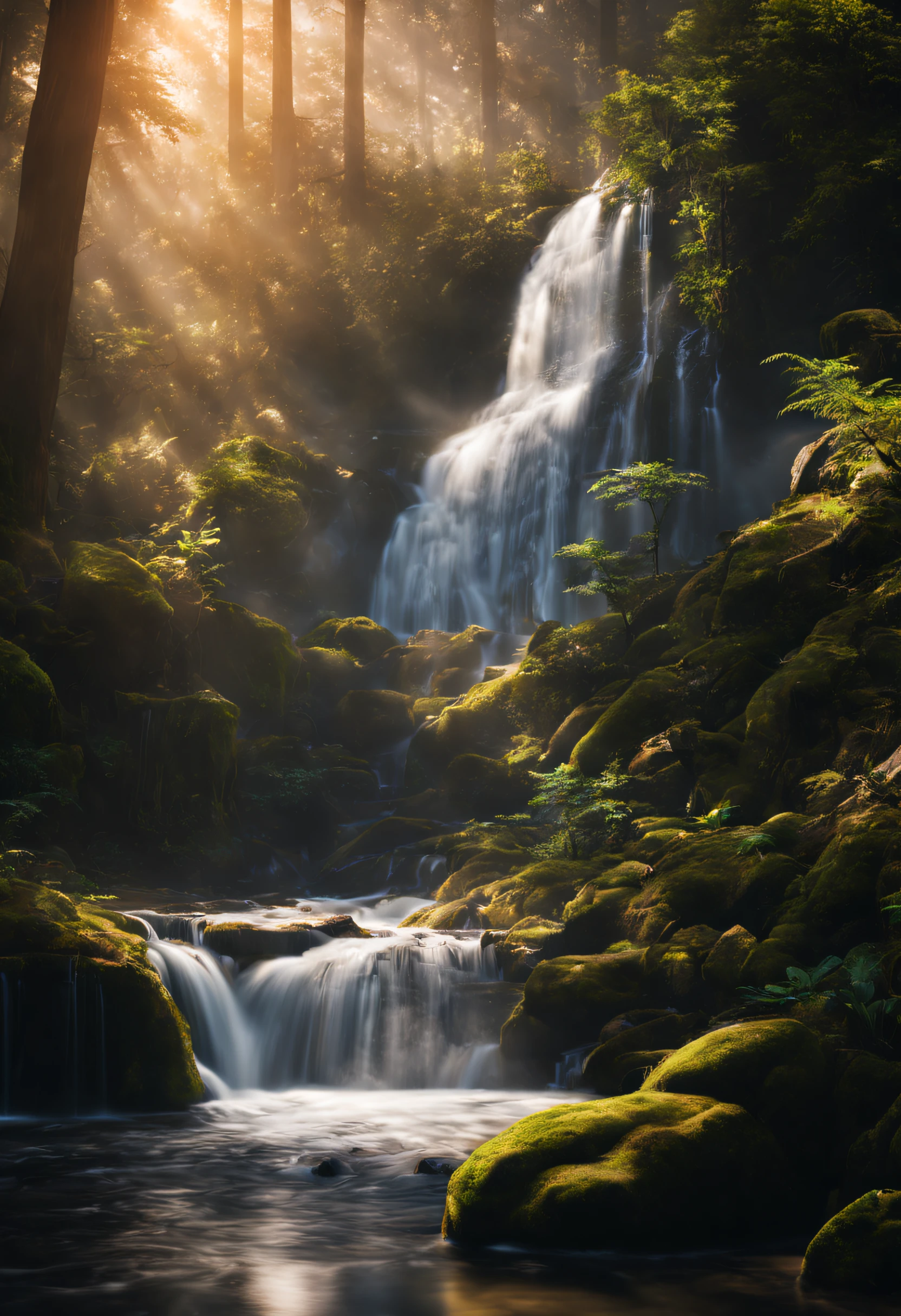 Una hermosa fotografía de cascada dentro del bosque, muy detallado, imagen realista, cinematográfico, fotografía de paisaje, iluminación natural, Exposición prolongada.