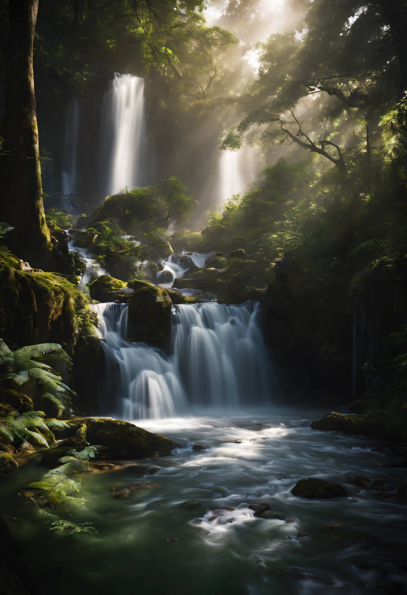 Eine wunderschöne Fotografie eines Wasserfalls im Wald, sehr detailliert, realistisches Bild, filmisch, Landschaftsfotografie, natürliche Beleuchtung, lange Exposition.