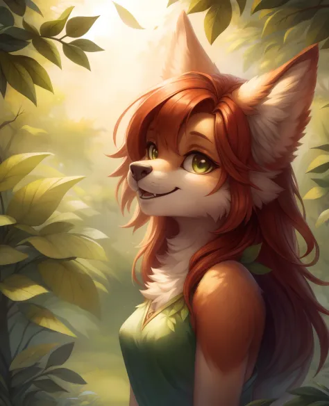 elora furry, detailed and extremely fluffy body fur, fluff, masterpiece, looking up beautiful surroundings, detailed background, happy, leaf-dress,
