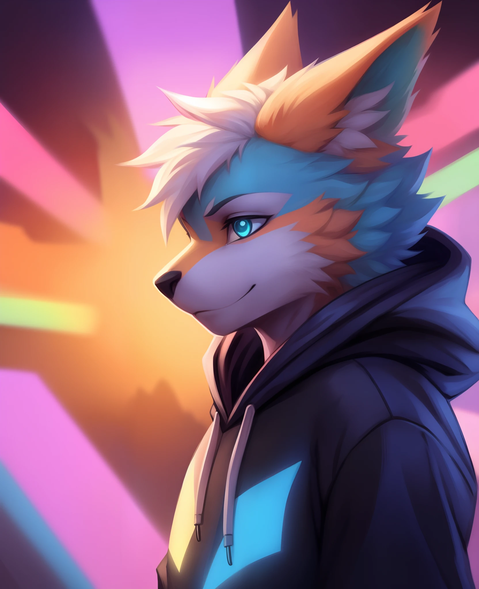 (rexouium:1.2), colorful scene, cute, dynamic scene, swaggy, drawing, round, abstract colorful background, close up portrait, spiky hairs, vibrant colors, glowing patterns, hoodie, pastel, rim lights, three-quarter view,