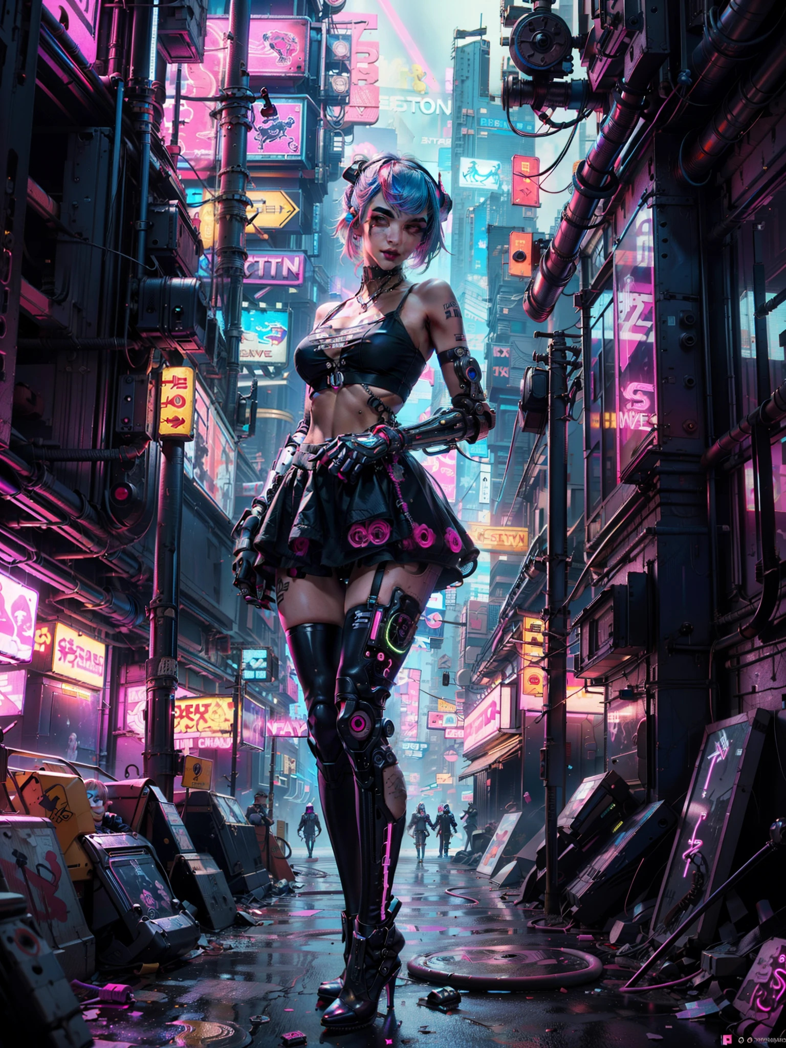 (((Close up cowboy shot))),masterpiece, top quality, best quality, official art, beautiful and aesthetic:1.2),(1 Sofia Boutella cyberpunk girl:1.4),([pink|blue] hair:1.5),extreme detailed,(fractal art:1.3),(colorful:1.5), ((highly detailed face)), hyper detailed,(Mechanical modification:1.3),(modification:1.2),Maiden,(complex mechanical conduit is inserted into the back:1.5),(neon background:1.4),(neon city:1.75),night,large breasts, thigh gap, camel toe, (gothic_lolita:1.2),high heels,(:0.75),makeup,blush,(cyberpunk:1.4),((looking at viewer:1.3))