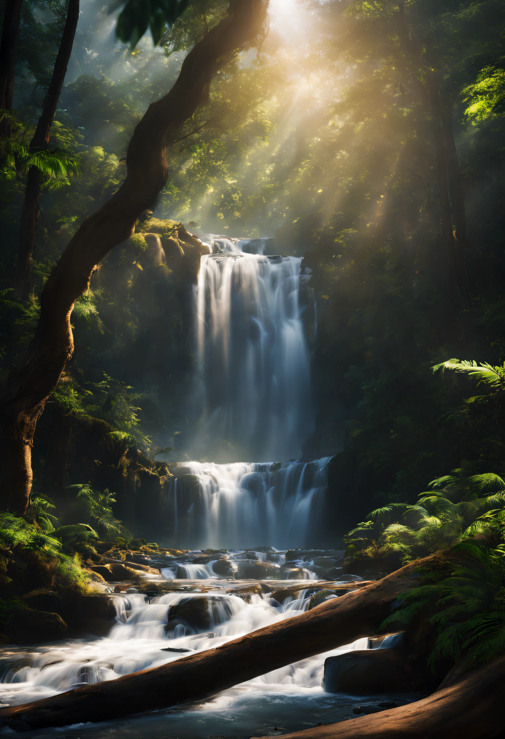 Una hermosa fotografía de cascada dentro del bosque, muy detallado, imagen realista, cinematográfico, fotografía de paisaje, iluminación natural, Exposición prolongada.