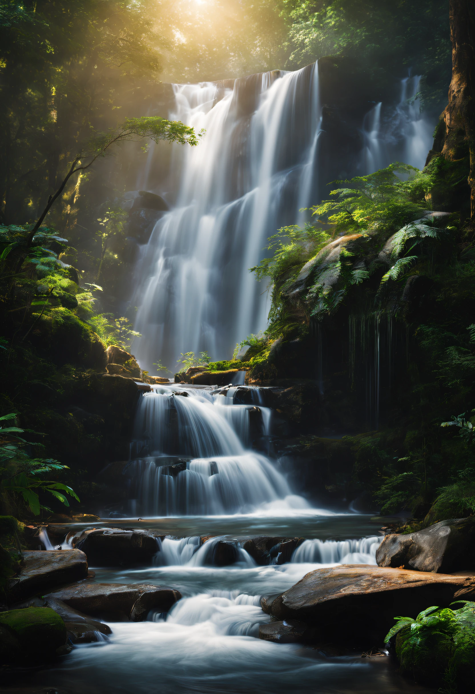 Una hermosa fotografía de cascada dentro del bosque, muy detallado, imagen realista, cinematográfico, fotografía de paisaje, iluminación natural, Exposición prolongada.