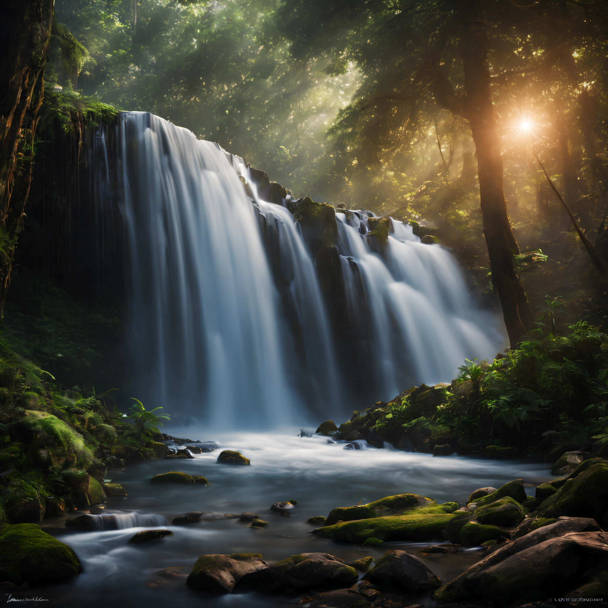 Una hermosa fotografía de cascada dentro del bosque, muy detallado, imagen realista, cinematográfico, fotografía de paisaje, Exposición prolongada.