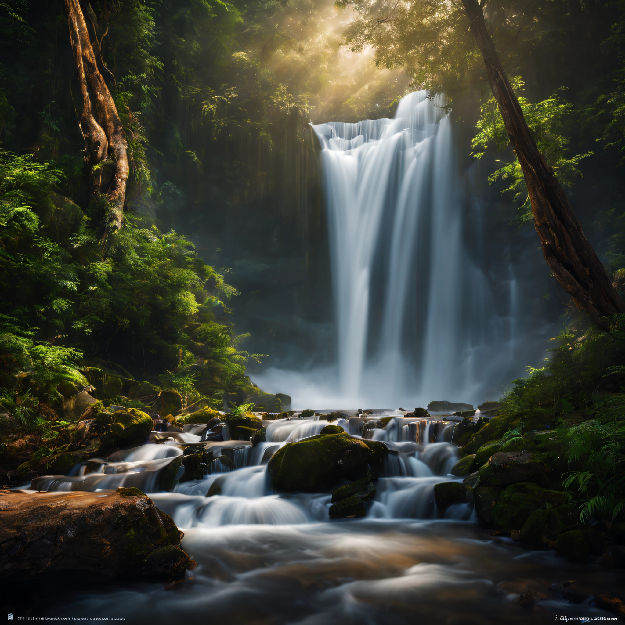 Eine wunderschöne Fotografie eines Wasserfalls im Wald, sehr detailliert, realistisches Bild, filmisch, Landschaftsfotografie, lange Exposition.