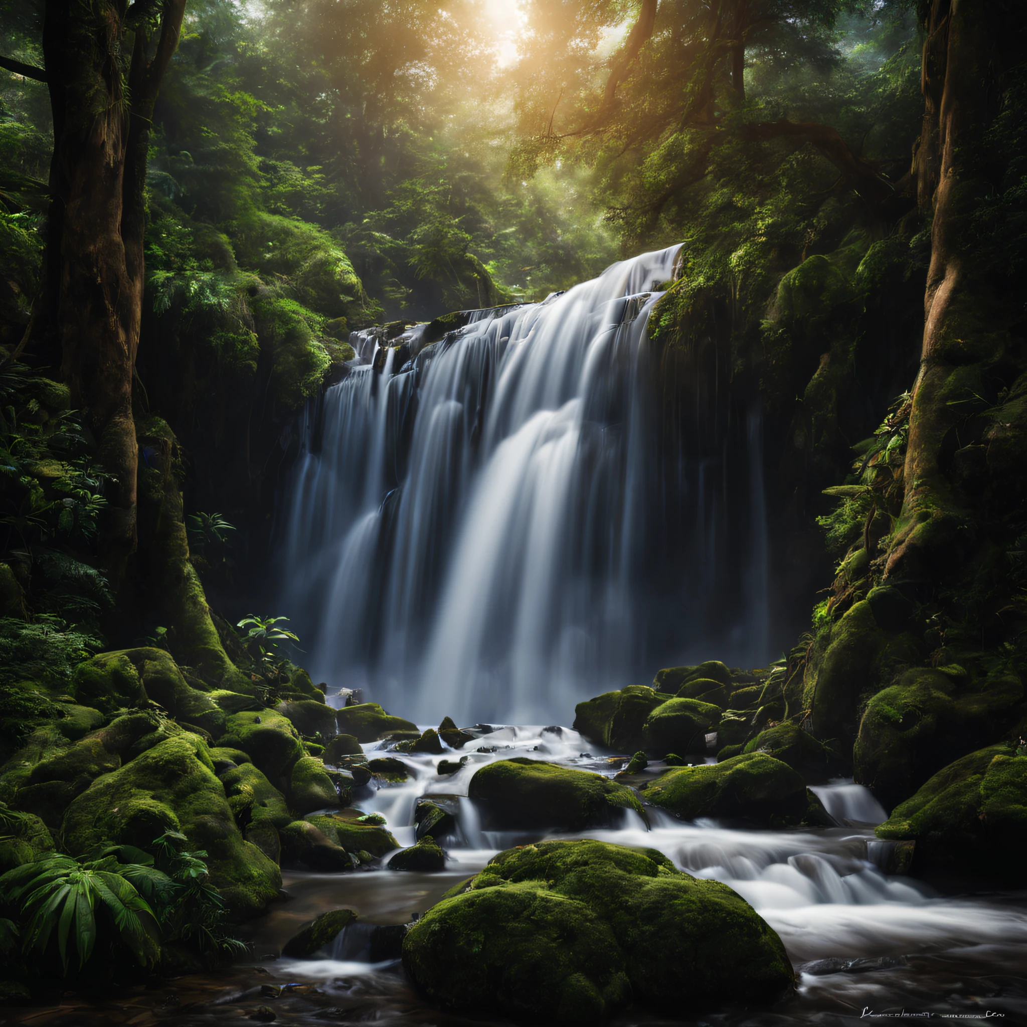 Una hermosa fotografía de cascada dentro del bosque, muy detallado, imagen realista, cinematográfico, fotografía de paisaje, Exposición prolongada.