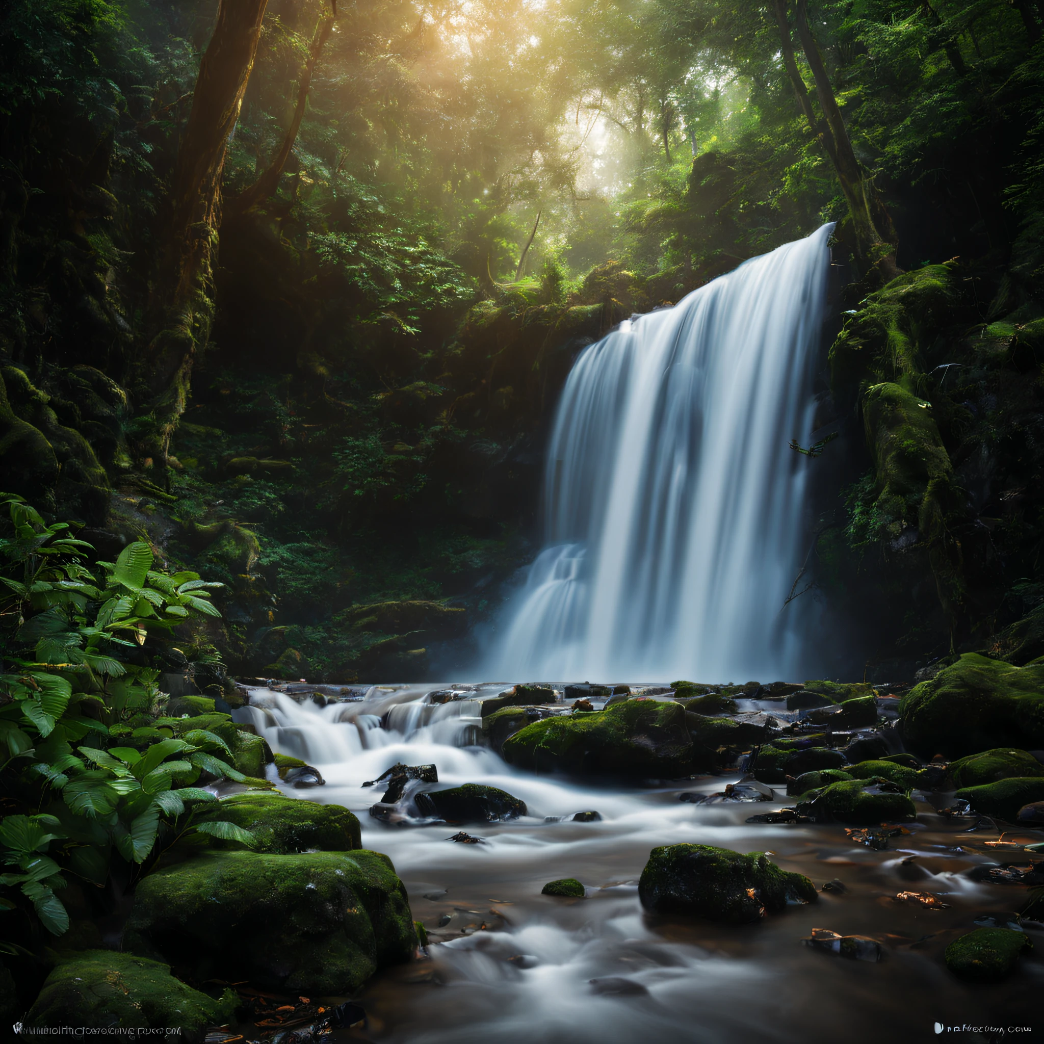 Eine wunderschöne Fotografie eines Wasserfalls im Wald, sehr detailliert, realistisches Bild, filmisch, Landschaftsfotografie, lange Exposition.