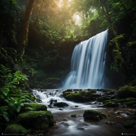 A beautiful photography of waterfall inside the forest, highly detail, realistic image, cinematic, landscape photography, long e...