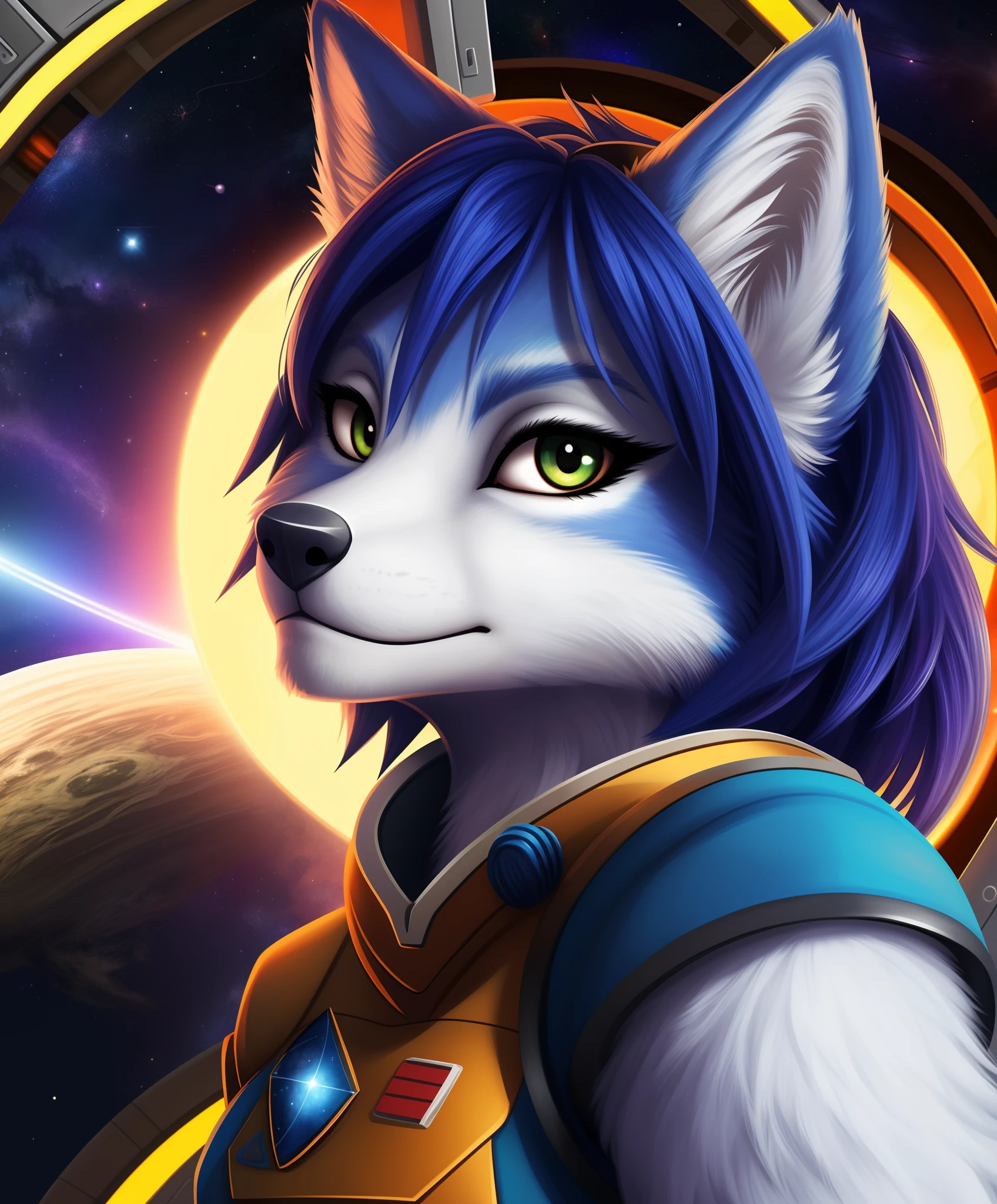 Krystal, Krystal von Star Fox, portrait, headshot, close-up, tranquil, solo, (body fur:1.2), (best quality), (space station background:1.2), dramatic lighting, detailed fluffy fur, looking at viewer, detailed fluffy fur,