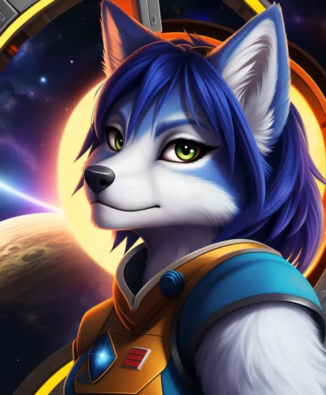 krystal, krystal von star fox, portrait, headshot, close-up, tranquil, solo, (body fur:1.2), (best quality), (space station back...