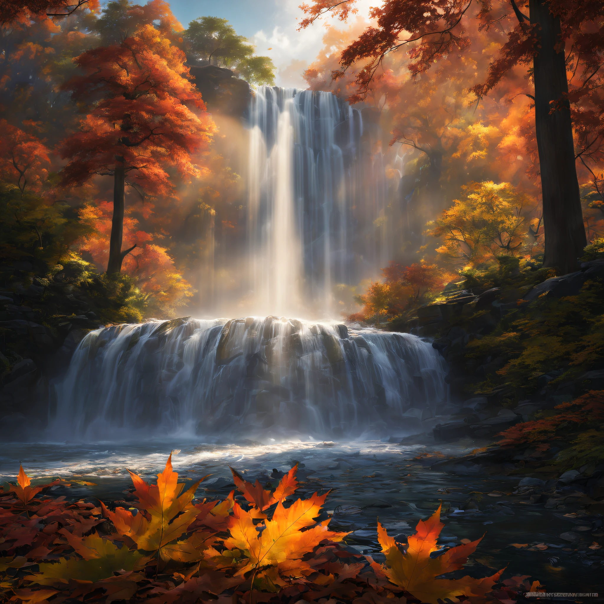 (best quality,4k,8k,highres,masterpiece:1.2),ultra-detailed,(realistic,photorealistic,photo-realistic:1.37),cinematic,landscape photography,long exposure,majestic waterfall,glistening water,lush greenery,tall trees,misty atmosphere,sunlight piercing through the foliage,colorful autumn leaves,faint rays of light,floating water droplets in the air,serene and tranquil ambiance,peaceful sound of rushing water,harmonious blend of nature's elements,subtle movement captured in stillness,dynamic range of shadows and highlights,ethereal and enchanting scenery,immersive viewing experience,inviting viewers to step into the frame,profound sense of serenity and connection with nature