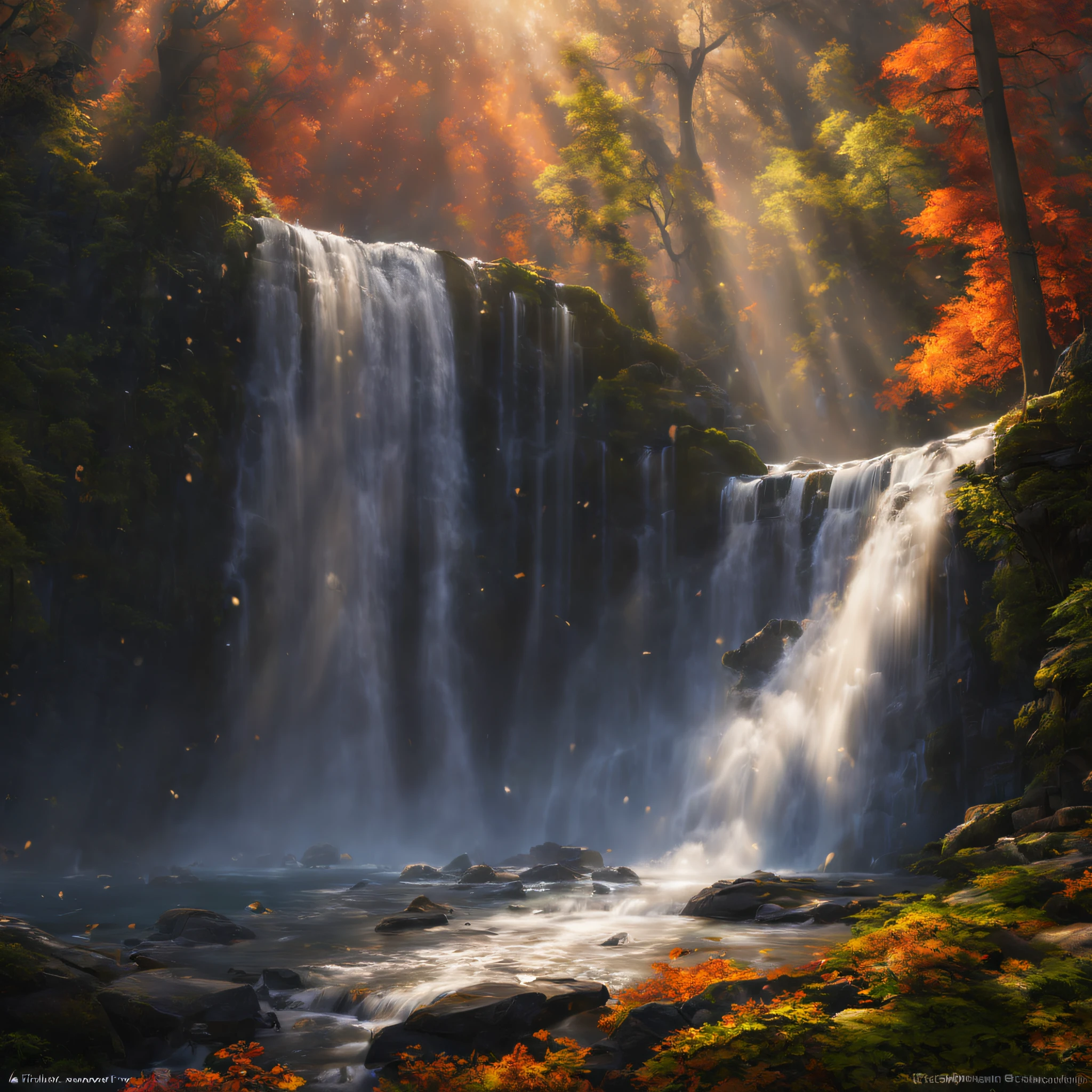 (best quality,4k,8k,highres,masterpiece:1.2),ultra-detailed,(realistic,photorealistic,photo-realistic:1.37),cinematic,landscape photography,long exposure,majestic waterfall,glistening water,lush greenery,tall trees,misty atmosphere,sunlight piercing through the foliage,colorful autumn leaves,faint rays of light,floating water droplets in the air,serene and tranquil ambiance,peaceful sound of rushing water,harmonious blend of nature's elements,subtle movement captured in stillness,dynamic range of shadows and highlights,ethereal and enchanting scenery,immersive viewing experience,inviting viewers to step into the frame,profound sense of serenity and connection with nature