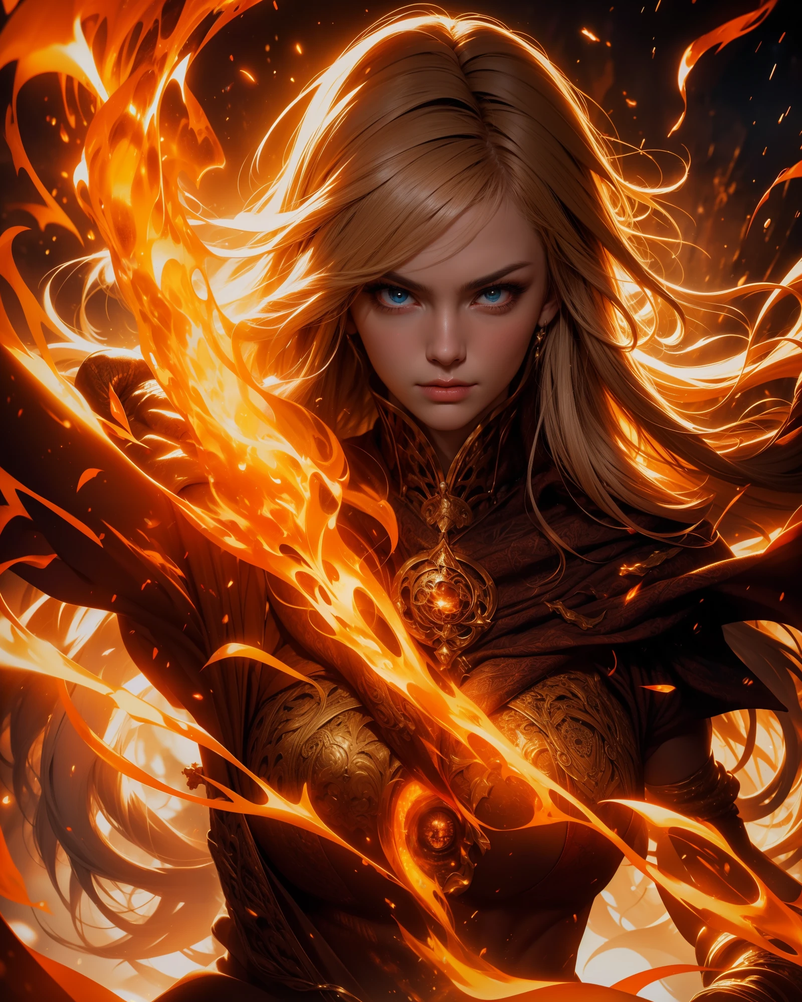 fire mage, beautiful face, detailed face, beautiful fiery eyes, fire magic, unleashing magic skill, divine, magewave, mysterious, high temperature, elden ring, masterpiece, ultra hd, absurdres, best quality, solo