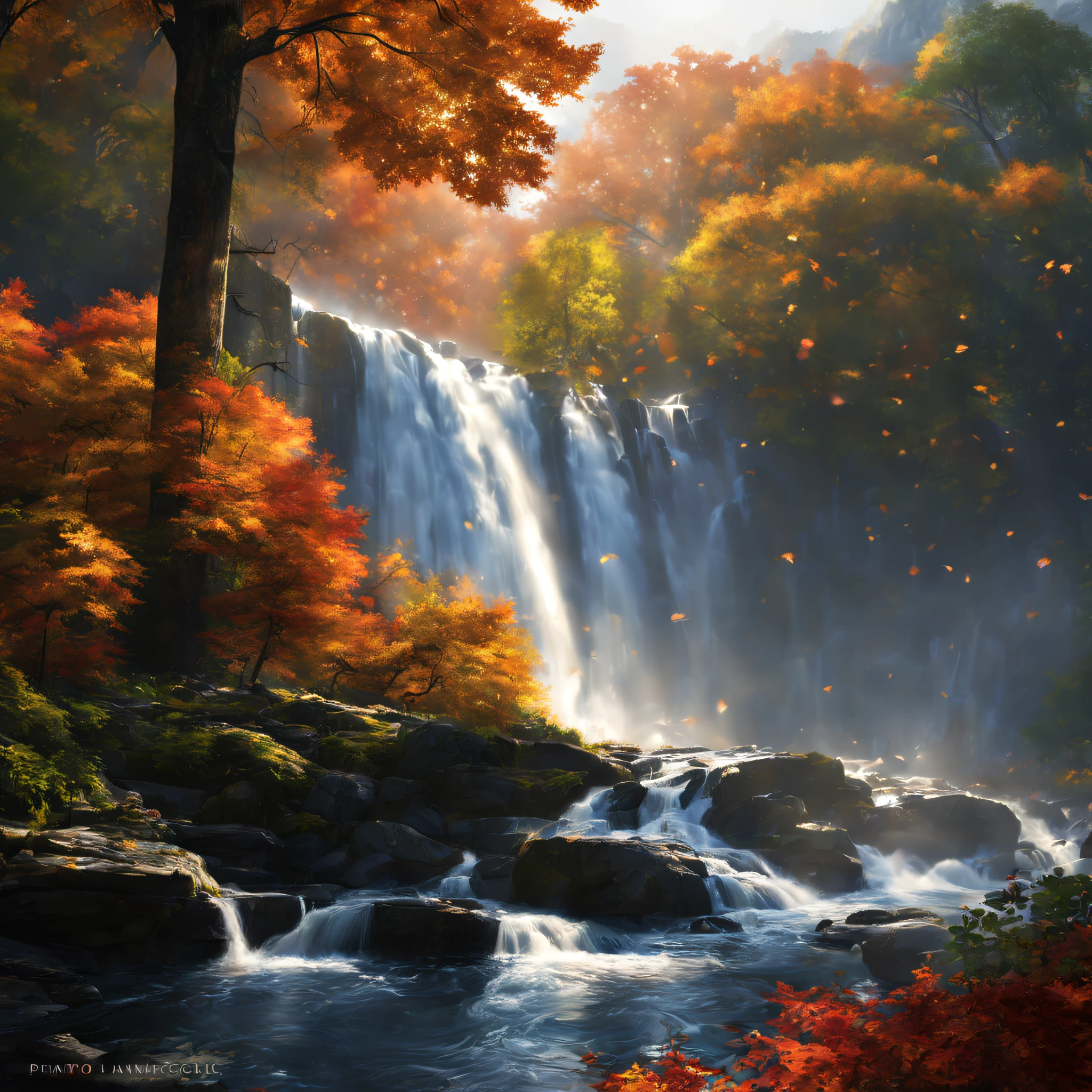 (best quality,4k,8k,highres,masterpiece:1.2),ultra-detailed,(realistic,photorealistic,photo-realistic:1.37),cinematic,landscape photography,long exposure,majestic waterfall,glistening water,lush greenery,tall trees,misty atmosphere,sunlight piercing through the foliage,colorful autumn leaves,faint rays of light,floating water droplets in the air,serene and tranquil ambiance,peaceful sound of rushing water,harmonious blend of nature's elements,subtle movement captured in stillness,dynamic range of shadows and highlights,ethereal and enchanting scenery,immersive viewing experience,inviting viewers to step into the frame,profound sense of serenity and connection with nature